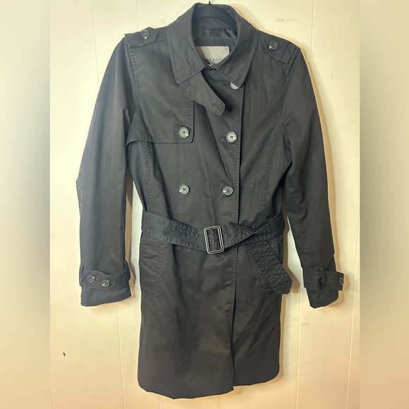ZARA Basic, size M, long black trench coat, belt, pockets, button up front - Picture 2 of 12